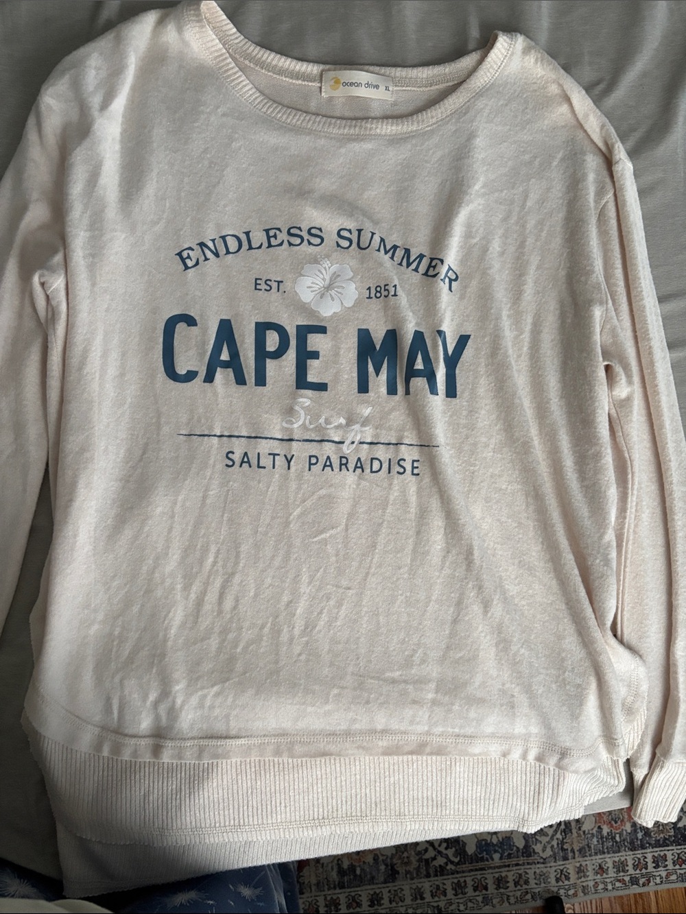 Ocean Drive Cream Crewneck with Blue 'Cape May' Graphic